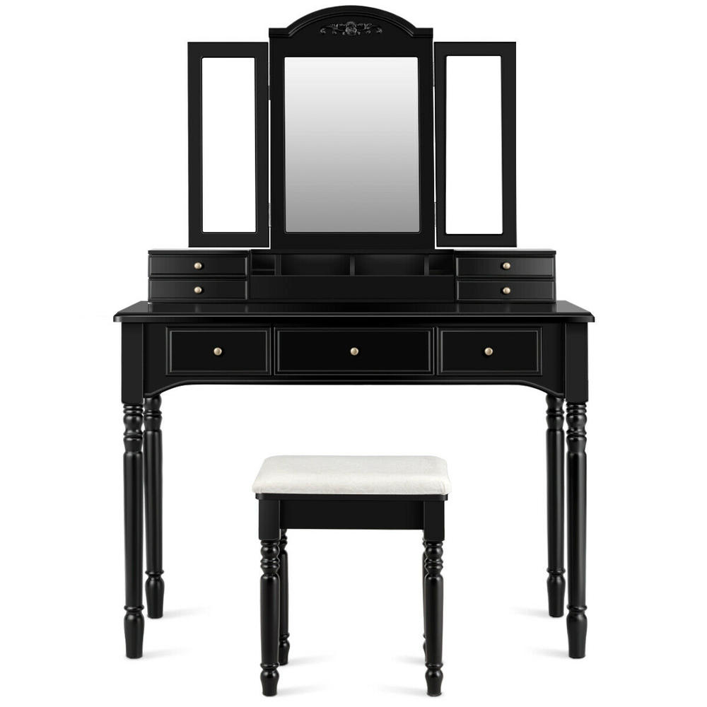 Gymax Vanity Set W/7 Drawers Tri-Folding Necklace Hooked Mirror Dressing Table Black