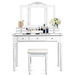 Gymax Vanity Set W/7 Drawers Tri-Folding Necklace Hooked Mirror Dressing Table White