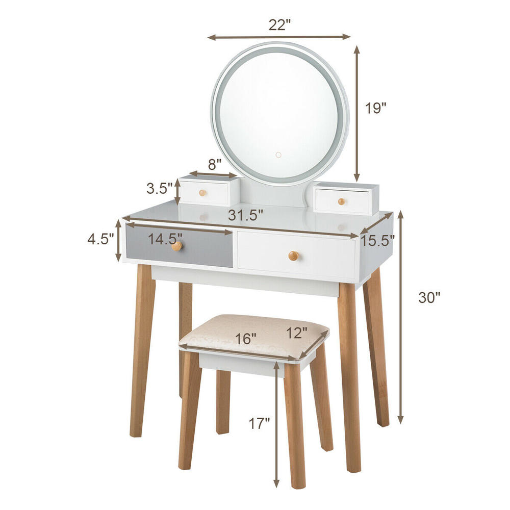Gymax Vanity Table Set 3 Color Lighting Modes MakeUp Table & Stool Set Jewelry Divider