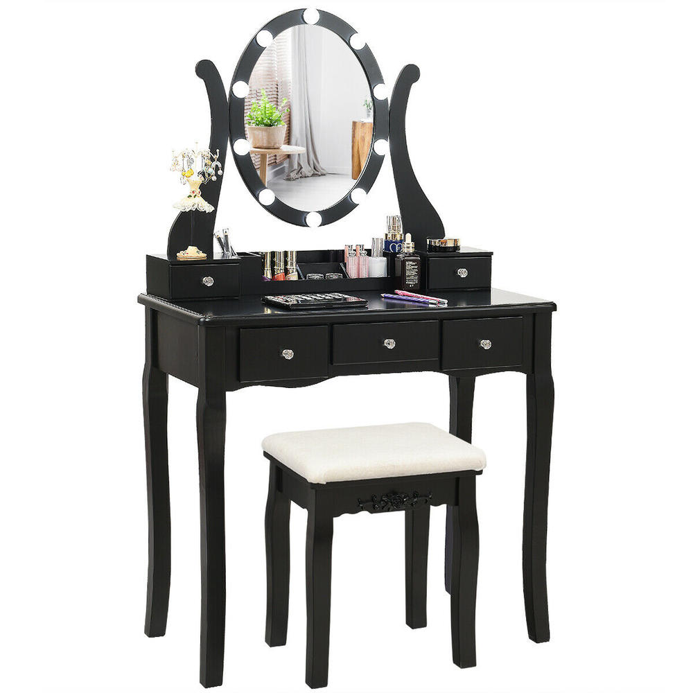 Gymax Vanity Table Set w/10 Light Bulbs and Touch Switch Makeup Dressing Table Black