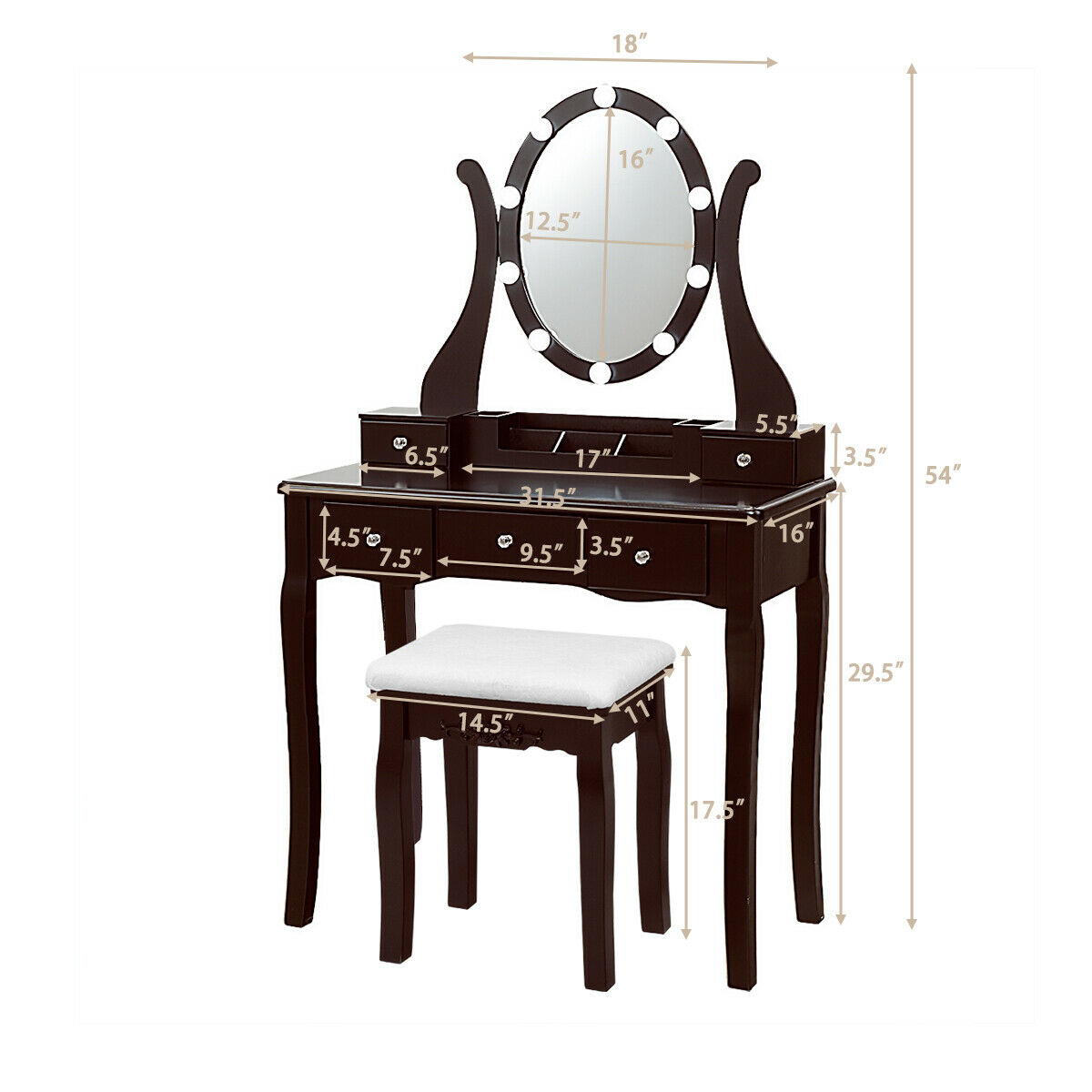 Generic Vanity Table Set W 10 Light, Black Vanity Table With Lights