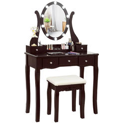 Gymax Vanity Table Set w/10 Light Bulbs and Touch Switch Makeup Dressing Table Brown