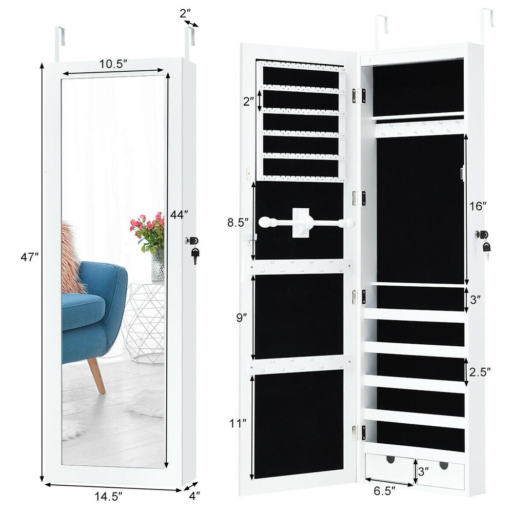 Gymax Wall Mounted Mirrored Jewelry Cabinet Armoire Organizer Lockable w/ LED Lights