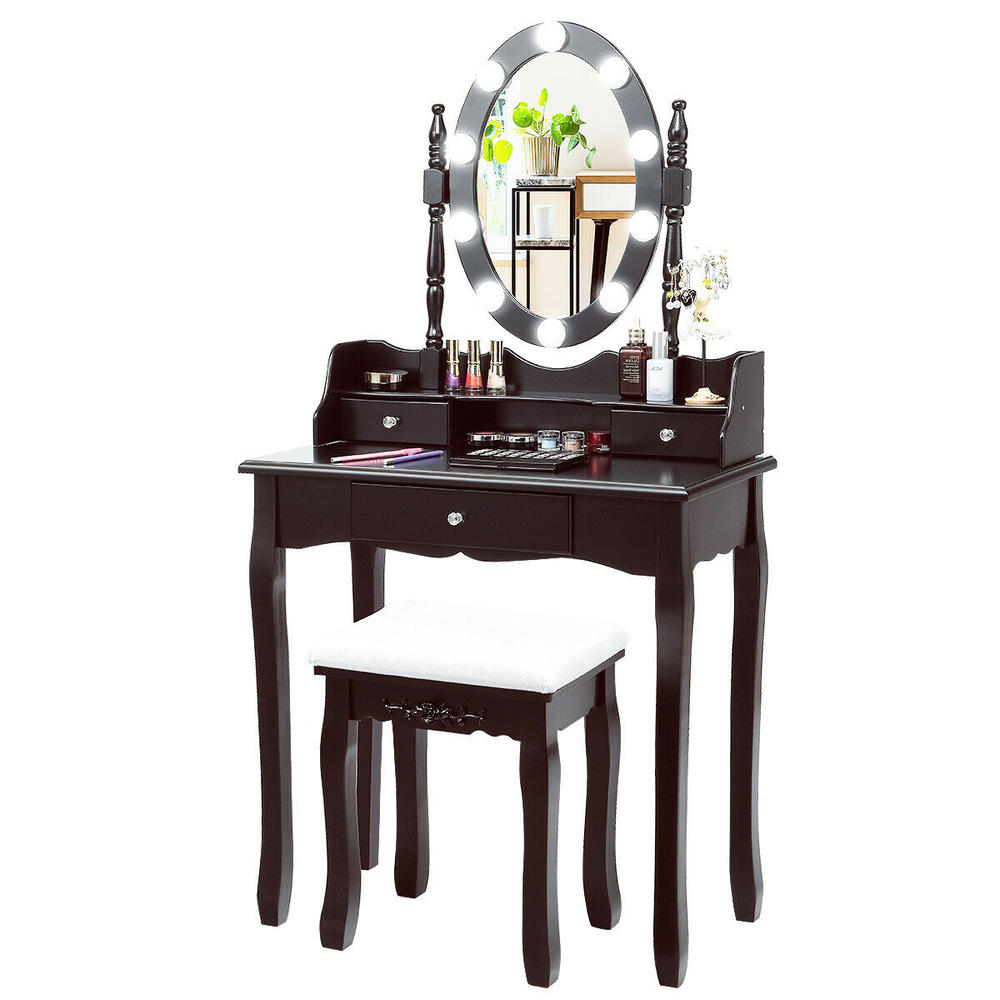 Gymax Makeup Vanity Dressing Table Set w/10 Dimmable Bulbs and Touch Switch Brown