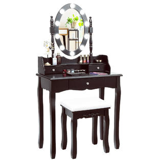 Gymax Makeup Vanity Dressing Table Set W 10 Dimmable Bulbs And Touch Switch Brown