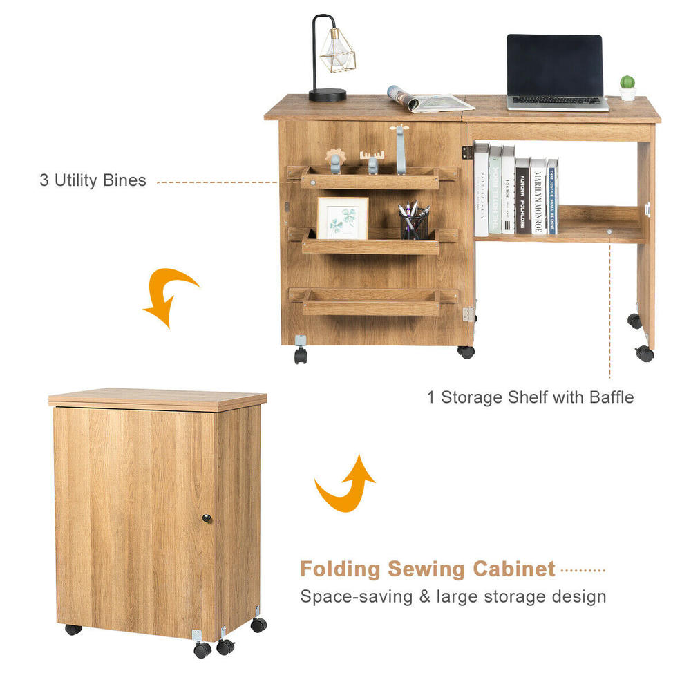 Gymax Folding Sewing Craft Table Shelf Storage Cabinet Home Furniture W/Wheels Natural