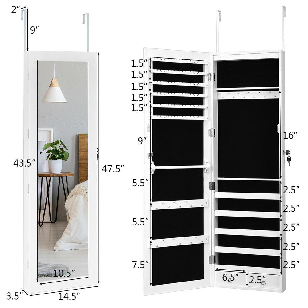 Gymax Wall Door Mounted Mirror Jewelry Cabinet Lockable Armoire Organizer w/ LED Light New