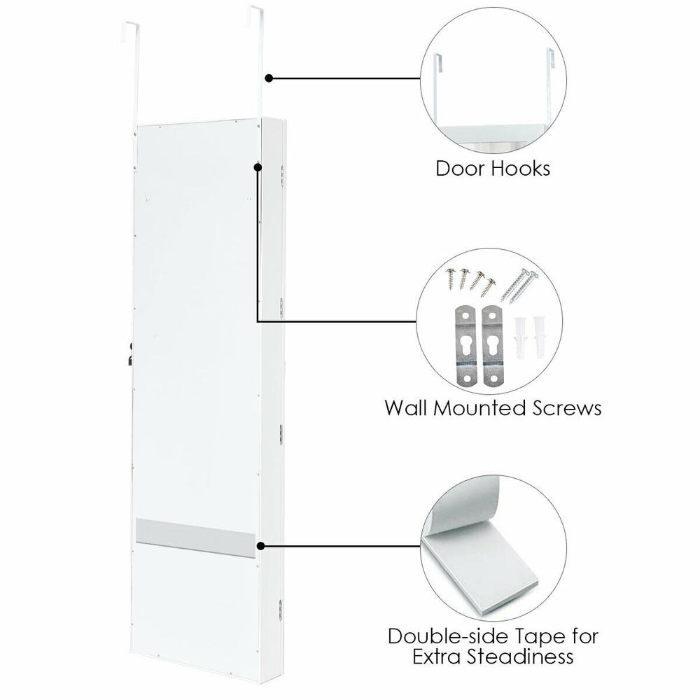 Gymax Wall Door Mounted Mirror Jewelry Cabinet Lockable Armoire Organizer w/ LED Light New