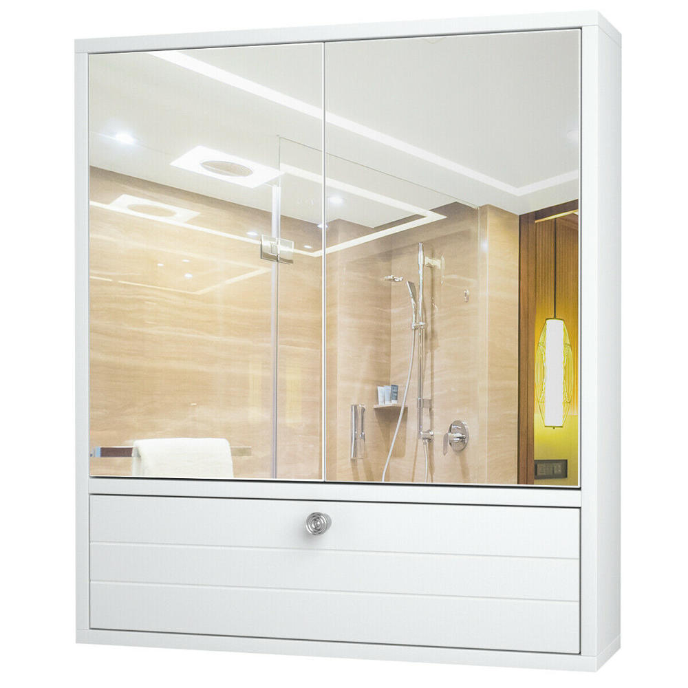 Gymax Bathroom Cabinet Wall Mount W/Double Mirror Door Storage Wood Shelf White