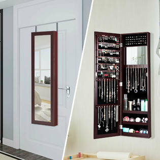 Gymax Wall Door Mounted Mirrored Jewelry Cabinet Armoire Storage