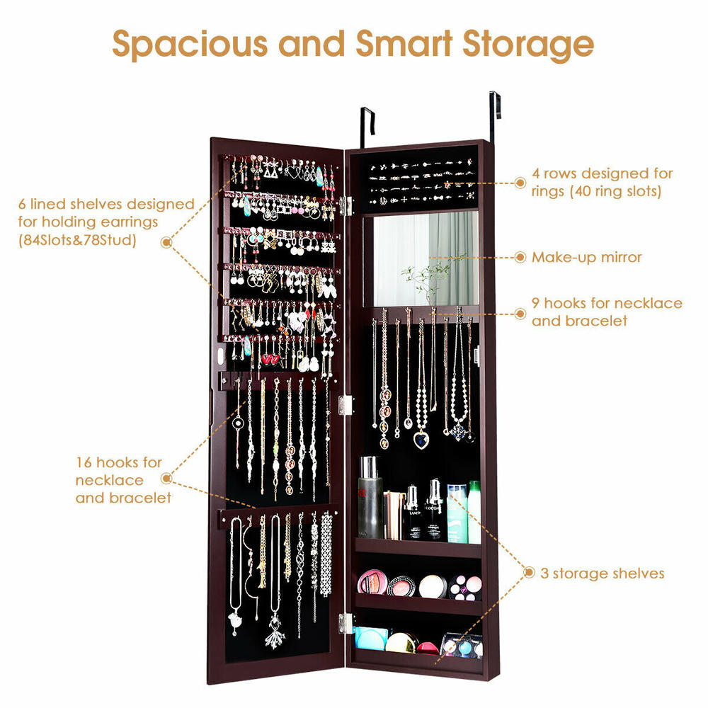 Gymax Wall Door Mounted Mirrored Jewelry Cabinet Armoire Storage Organizer