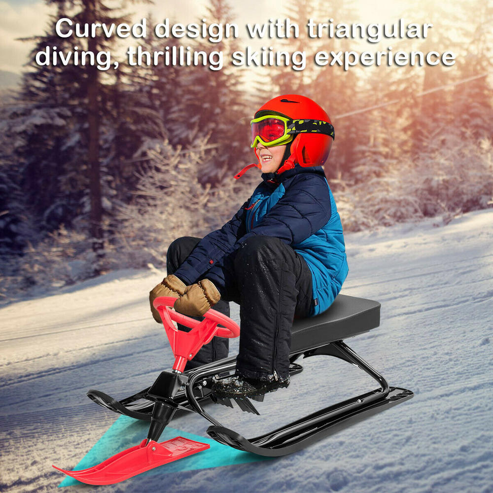 Gymax Metal Snow Racer Sled w/ Steering Wheel and Brakes Kids Snow Sand Grass Sliding