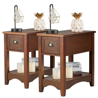 Gymax Walnut Set Of 2 Contemporary Side Table Compact Table W Drawer Nightstand