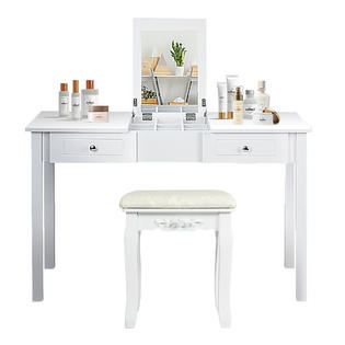 Gymax Vanity Table Dressing Table Flip Top Desk Mirror 2 Drawers