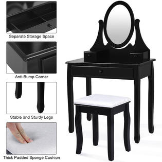 Gymax Black Vanity Wooden Makeup Dressing Table Stool Set Bathroom Mirror 3 Drawer New