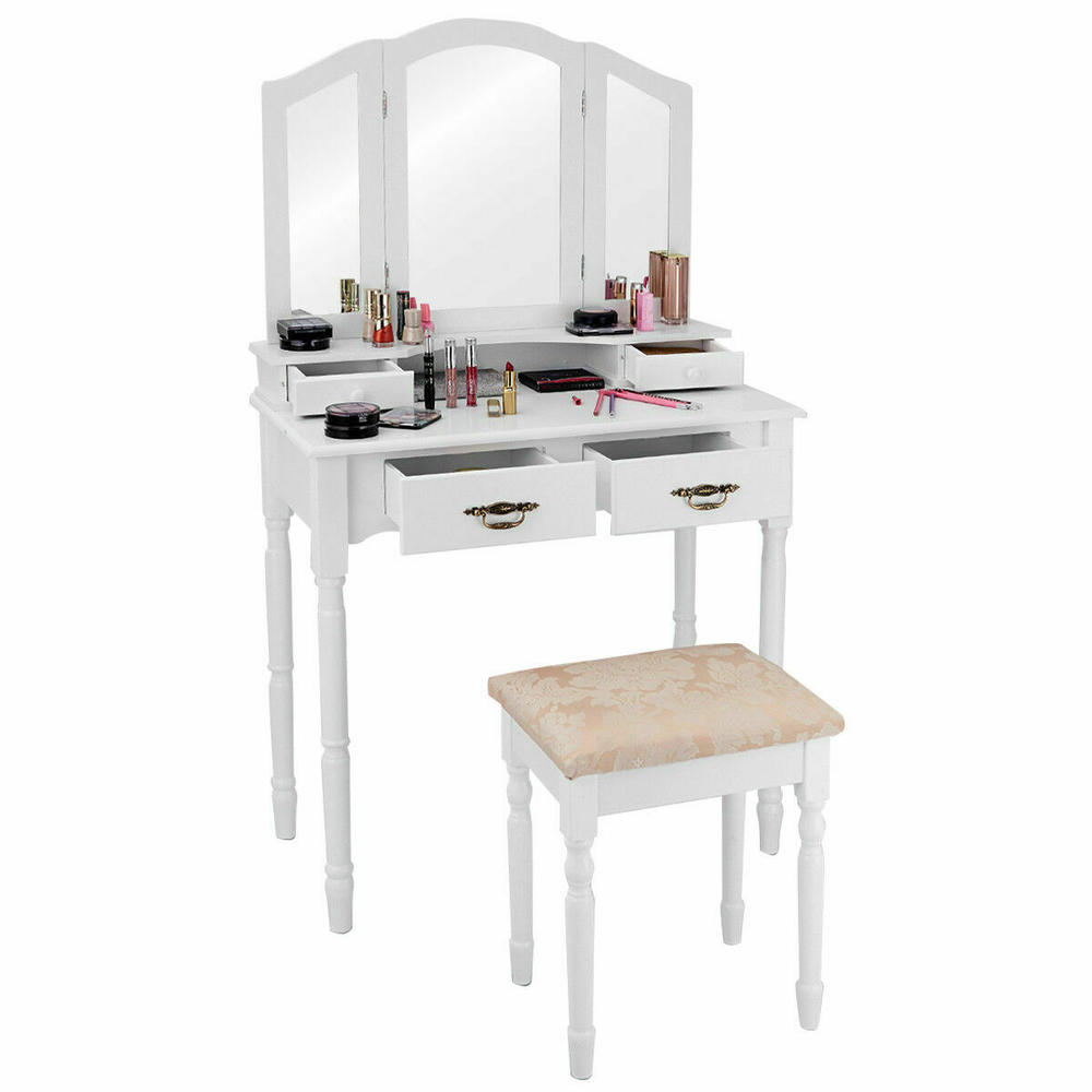 Gymax White Tri Folding Mirror Vanity Makeup Table Stool Set Home Furni W/4 Drawers