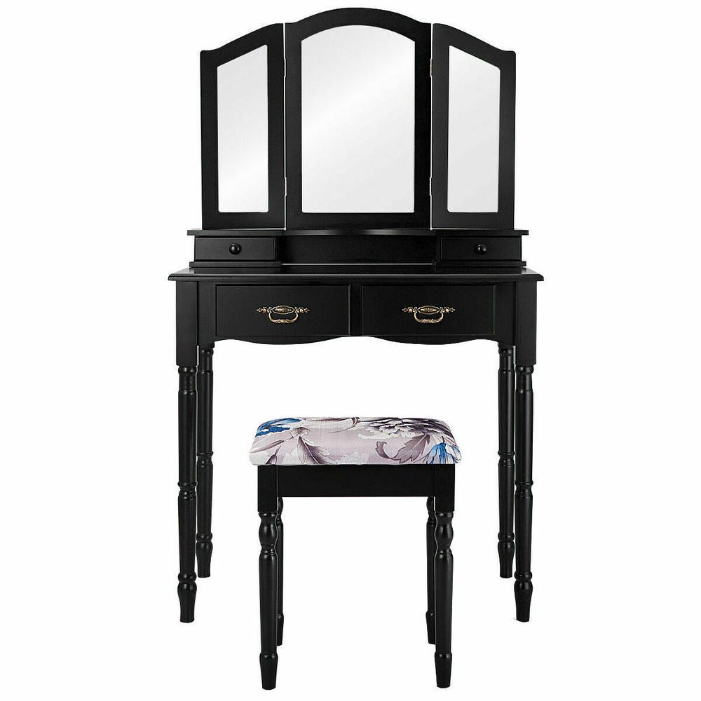 Gymax Black Tri Folding Mirror Vanity Makeup Table Set Home Furni W/4 Drawers