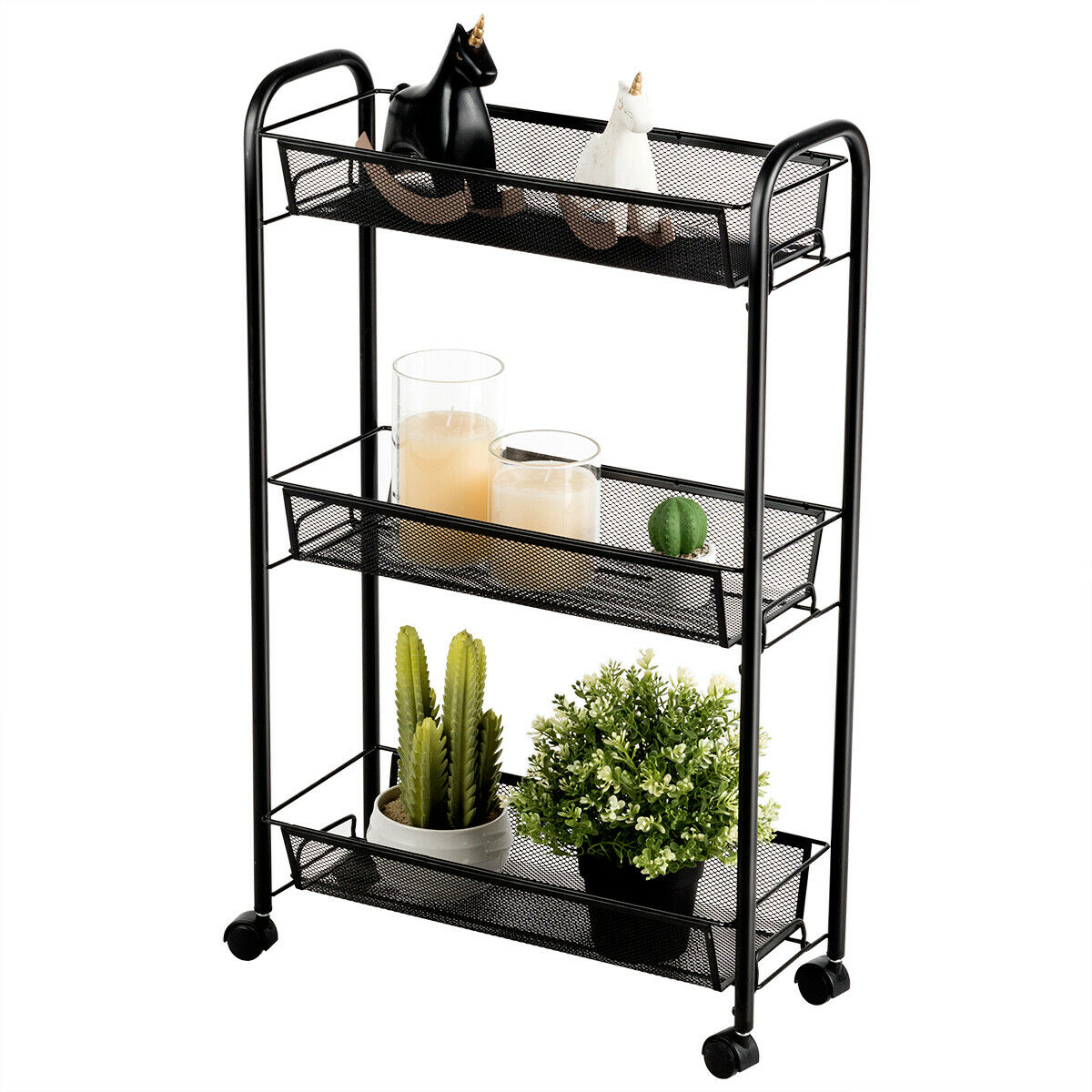Gymax 3 Tier Rolling Storage Cart Full-Metal Basket Stand Home Utility  Trolley
