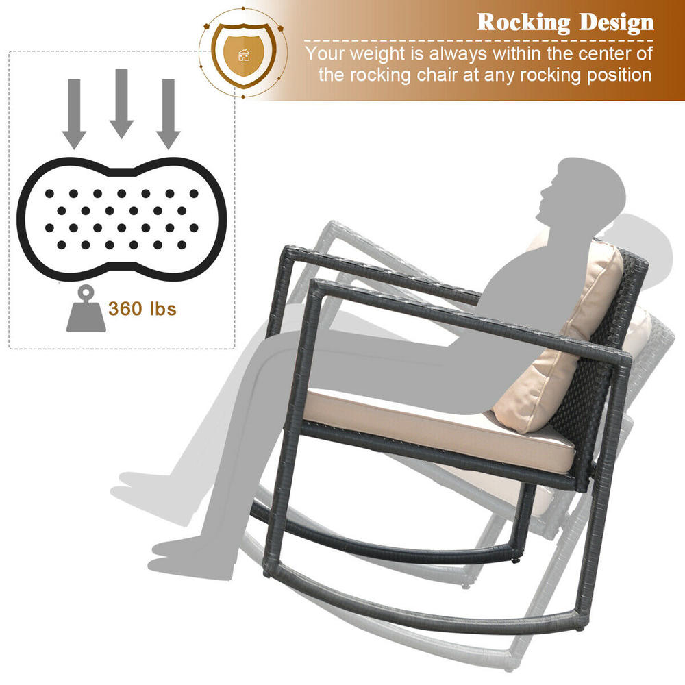 Gymax 3PC Patio Rattan Conversation Set Rocking Chair Cushioned Outdoor Garden Furniture Home