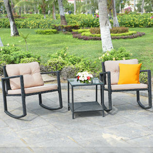 Gymax Gys03684 3pc Patio Rattan Conversation Set Rocking Chair Cushioned Outdoor Garden Furniture Home