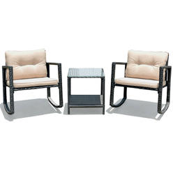 Gymax 3PC Patio Rattan Conversation Set Rocking Chair Cushioned Outdoor Garden Furniture Home