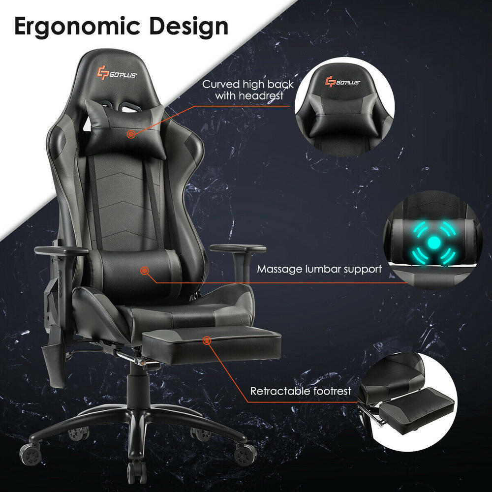Gymax Gray Massage Gaming Chair Adjustable Reclining Racing Chair w/Headrest&Footrest Home Office