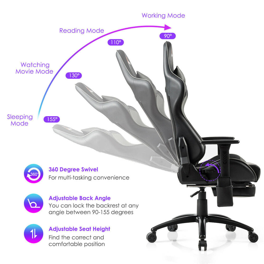 Gymax Gray Massage Gaming Chair Adjustable Reclining Racing Chair w/Headrest&Footrest Home Office
