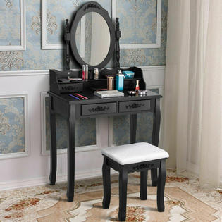 Gymax Vanity Wood Makeup Dressing Table Stool Set Bedroom Mirror 4