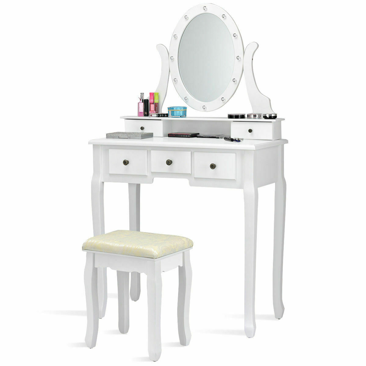 white makeup table with lights