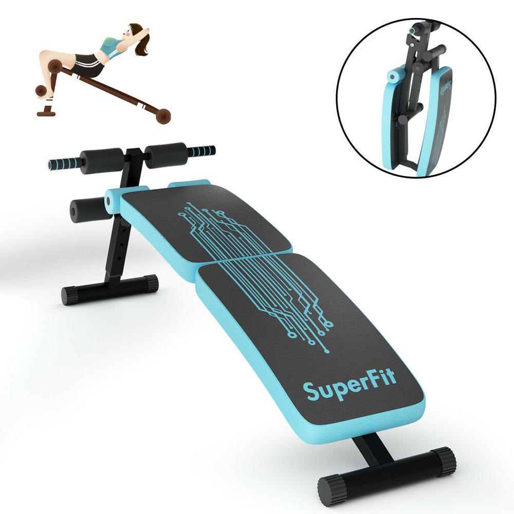 Gymax Folding Weight Bench Adjustable Sit-up Board Curved Decline Bench Home Gym Blue