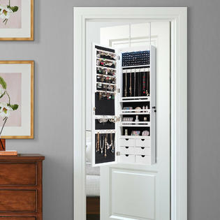 Gymax Wall Door Mounted Led Mirror Jewelry Cabinet Lockable