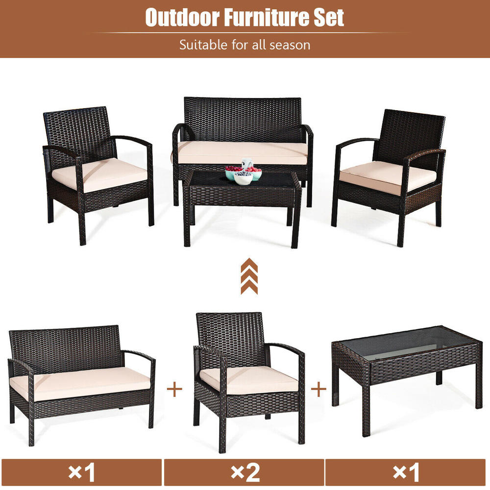 Gymax 8PCS Outdoor Patio Rattan Conversation Furniture Set Cushioned Seat Glass Table Garden Furniture