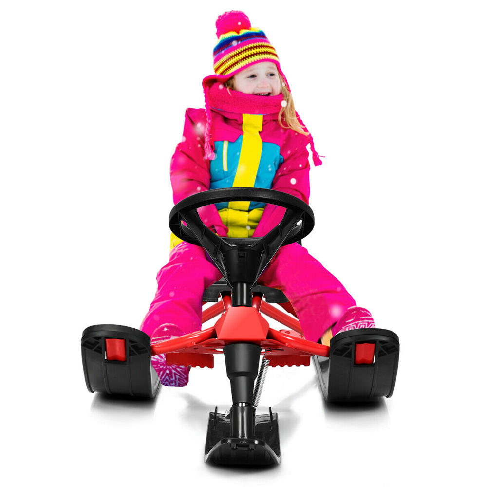 Gymax Kids Snow Racer Sled w/Iron Frame Steering Wheel & Double Brakes Pull Rope Snow Slider Outdoor