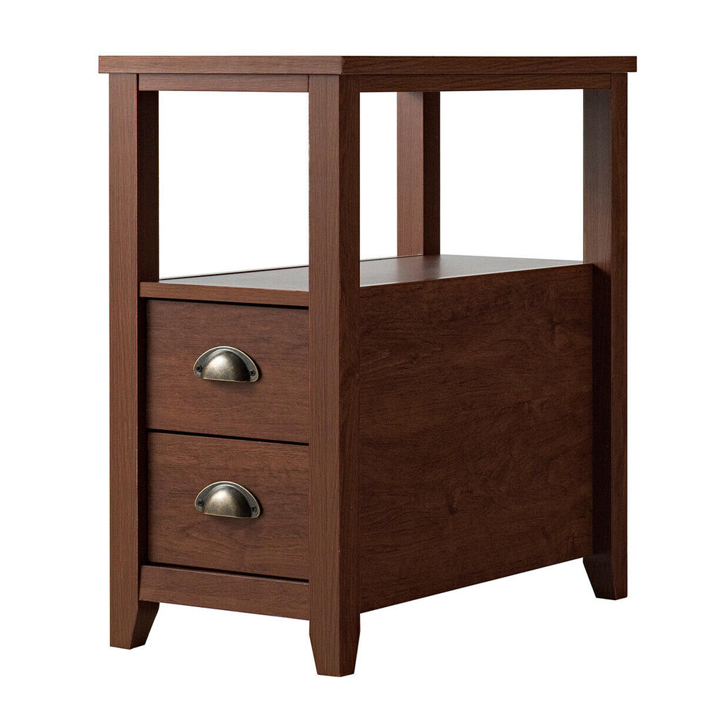 Gymax Brown End Table Side Nightstand w/ 2 Drawer & Shelf Narrow Chair Rustic Style Home