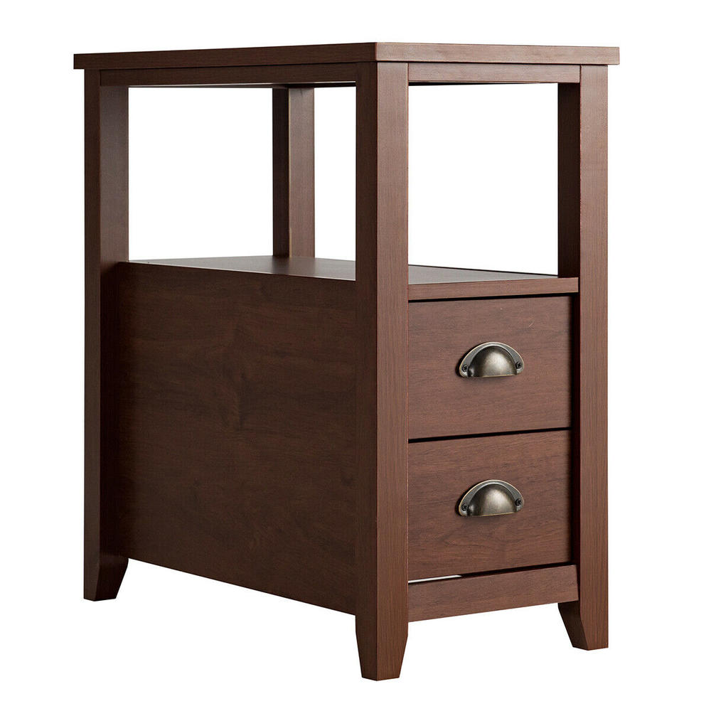 Gymax Brown End Table Side Nightstand w/ 2 Drawer & Shelf Narrow Chair Rustic Style Home
