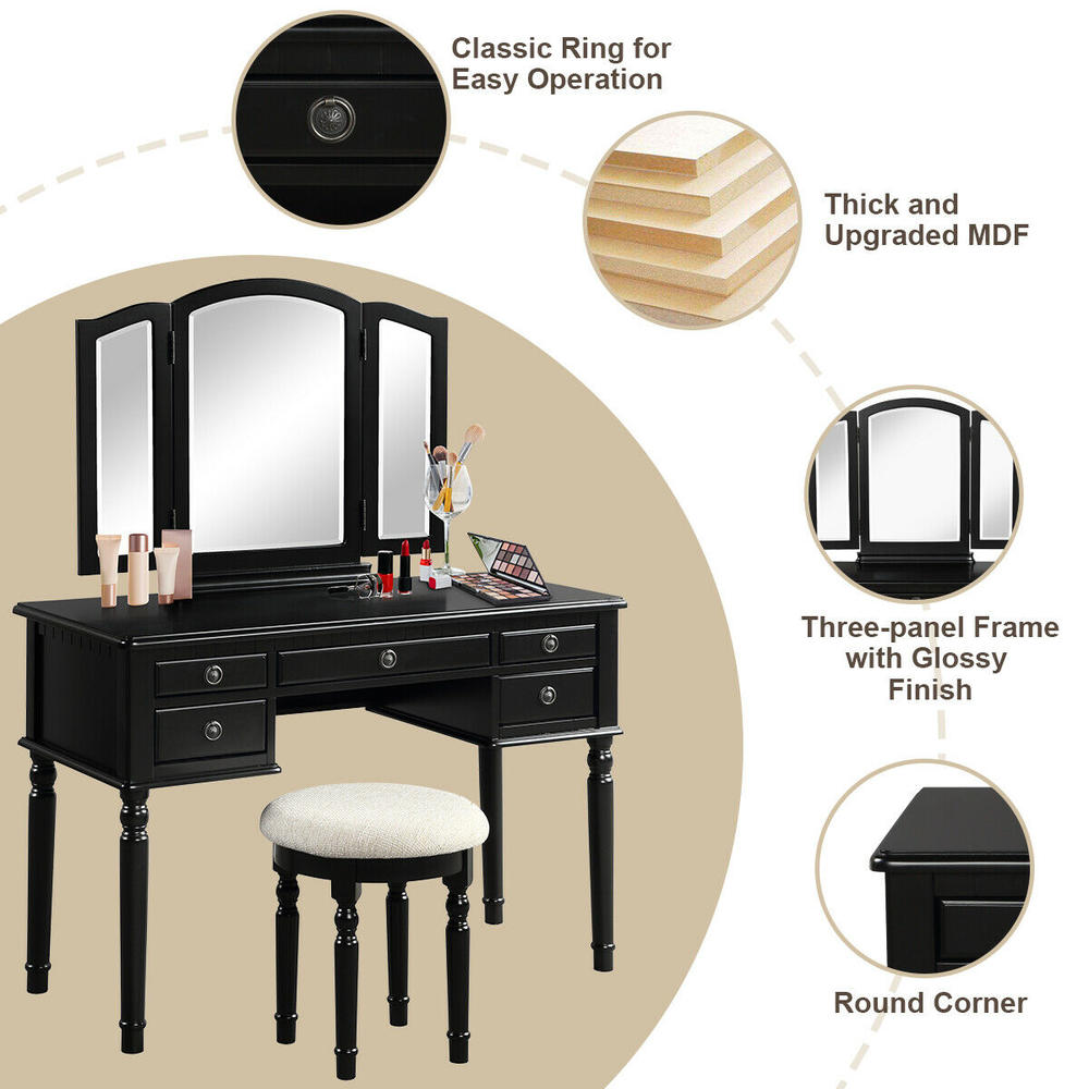 Gymax Black Wooden Vanity Dressing Set Tri-Fold Mirror Make Up Table Stool With 5 Drawers Home Furniture