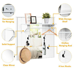 Gymax Wall Mounted Mirror Coat Hat Rack Storage Shelf W 4 Hooks Hanging Bar Entryway