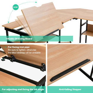 Gymax L Shaped Computer Desk Drafting Table Workstation W Tiltable Tabletop Bookshelf