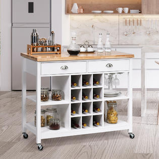 Gymax Rolling Kitchen Island Bar Storage Serving Cart With ...