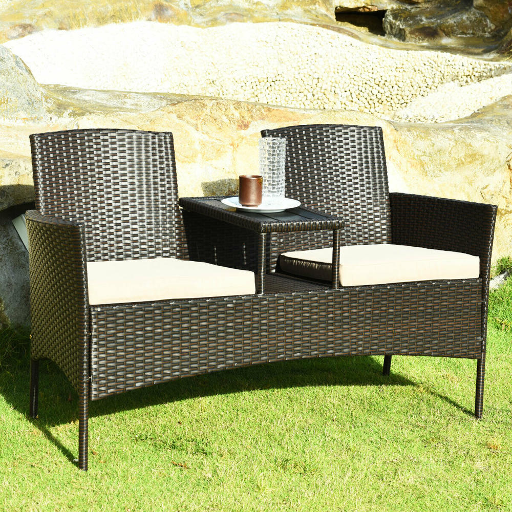 Gymax Patio Rattan Chat Set Loveseat Sofa Table Chairs Conversation Cushioned