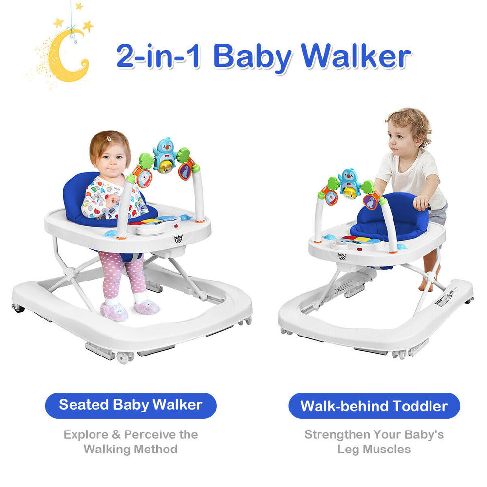 Gymax Blue Baby Gear 2-in-1 Foldable Baby Walker w/ Adjustable Heights & Detachable Toy Tray