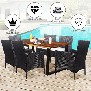 Gymax 7 Piece Dining Set Acacia Wood And Wicker Patio Set W Cushions Home Outdoor Furniture