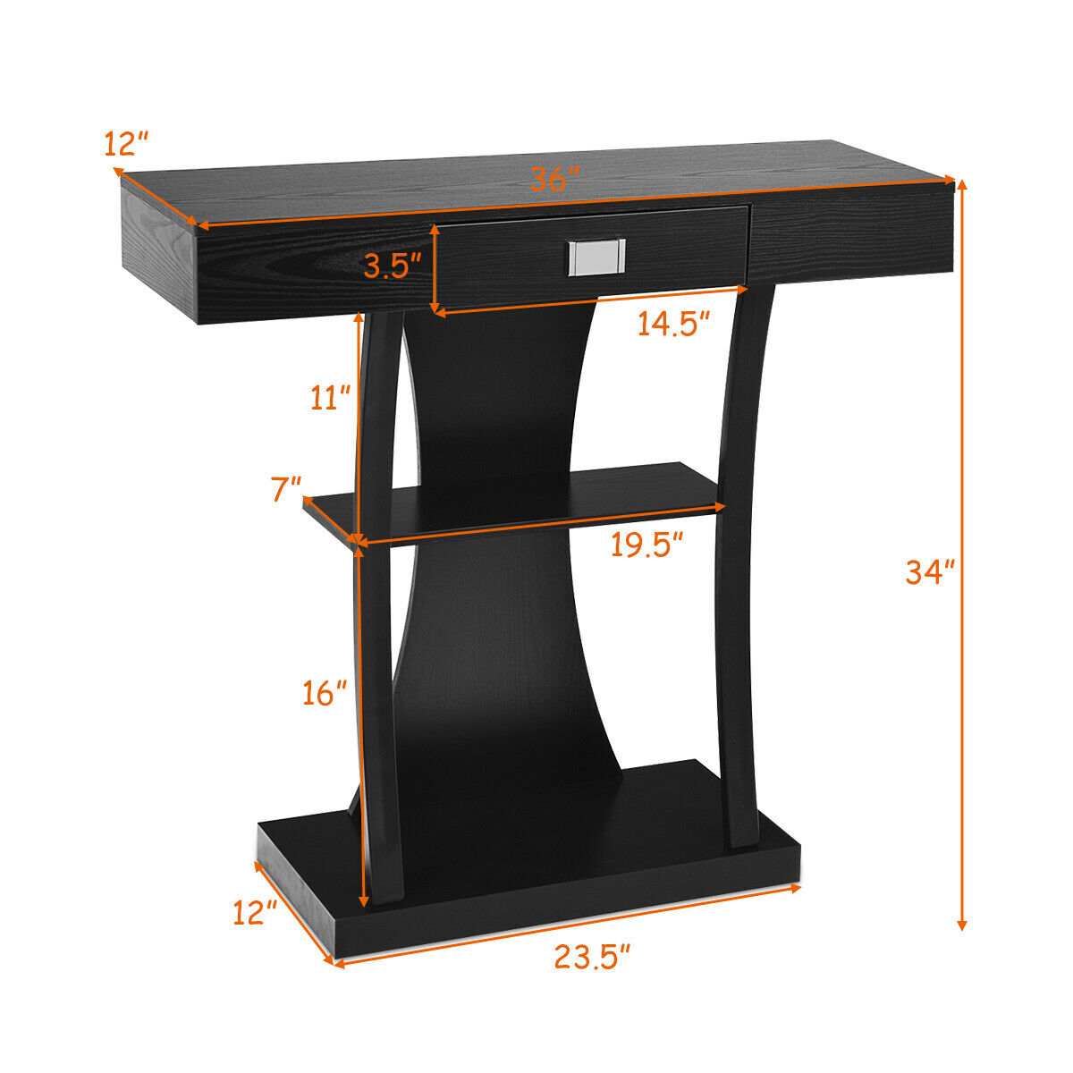 Gymax Black Harri Console Table Entryway Porch Desk Storage
