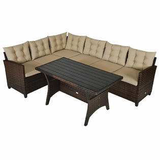 Gymax Gys03742 3pcs Rattan Dining Set Patio Furniture 6 Seats Sofa Cushioned Wood Table Top