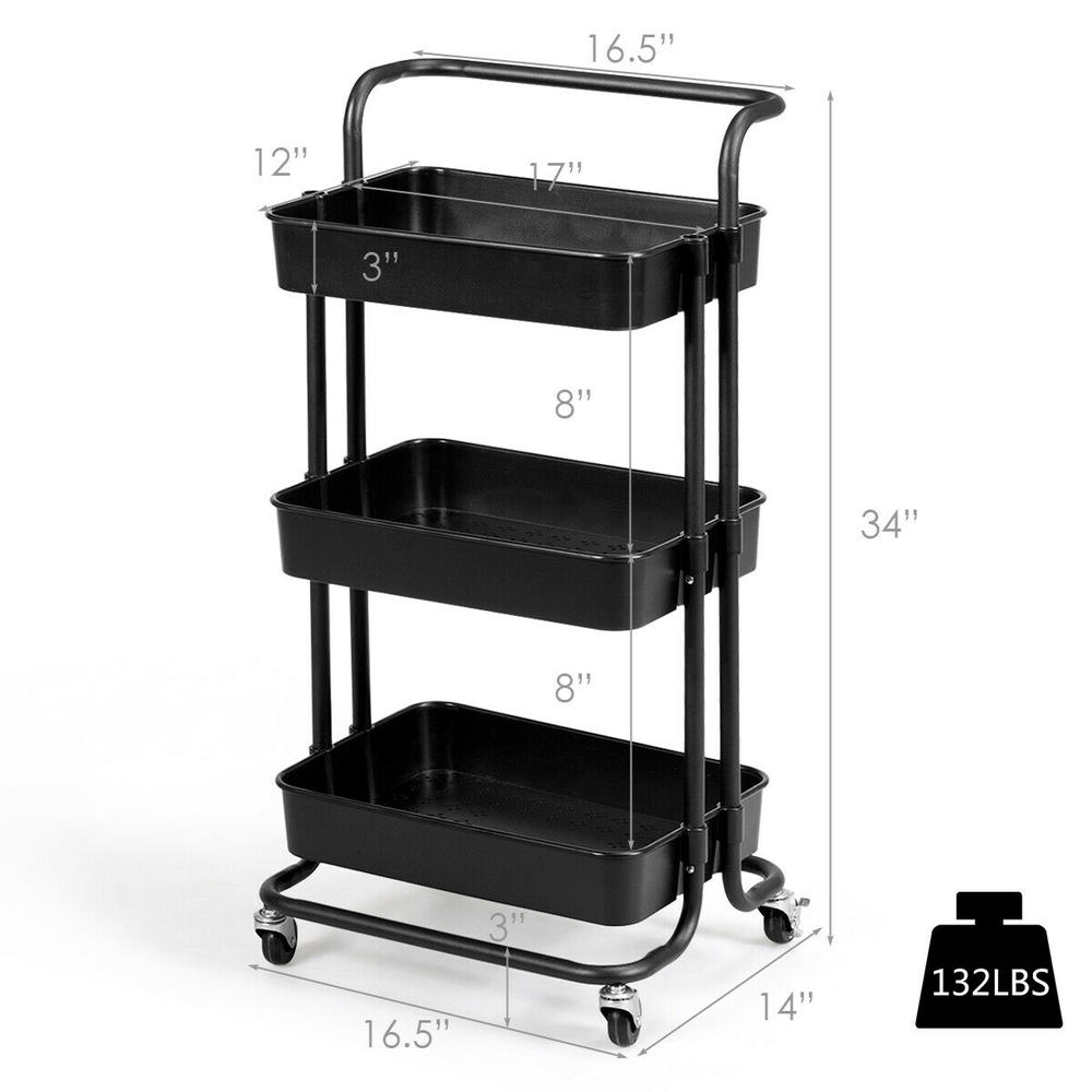 Gymax 3 Tier Rolling Cart W/Wheels Practical Handle&ABS Storage Basket Organizer