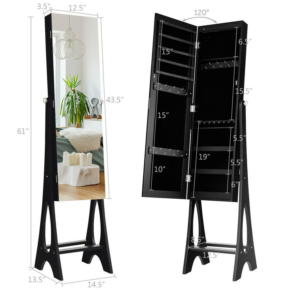 Gymax LED Jewelry Cabinet Armoire Organizer Mirrored Standing w/ Bevel Edge Mirror New