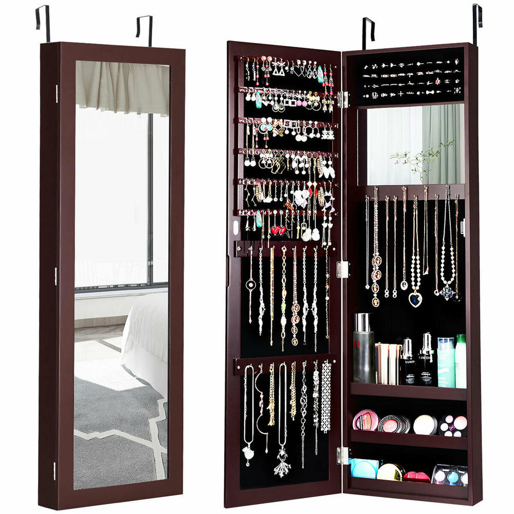 Gymax Wall Door Mounted Mirrored Jewelry Cabinet Armoire Storage Organizer