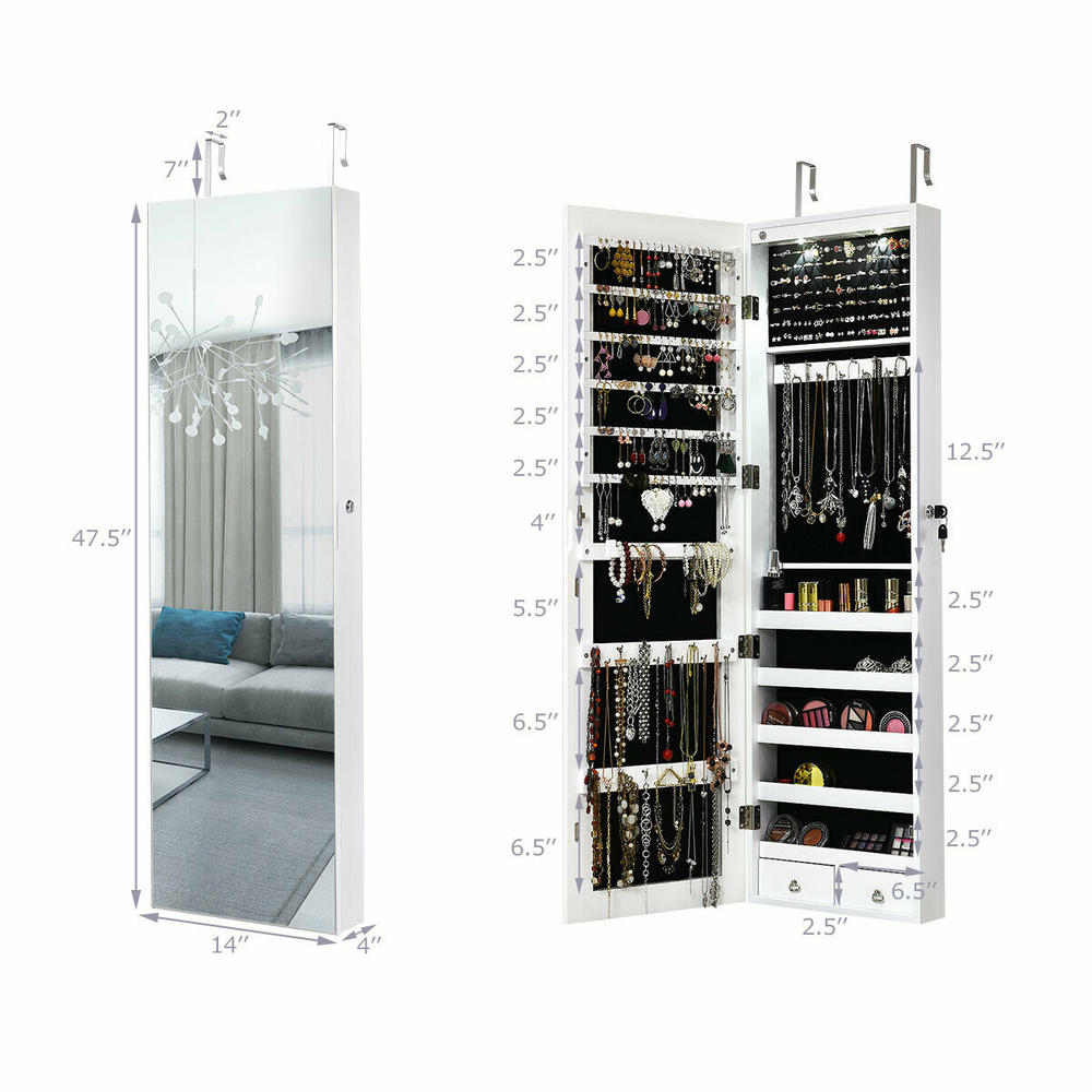Gymax Mirrored Wall & Door Mounted Jewelry Cabinet Storage Organizer W/ Lights&Drawer