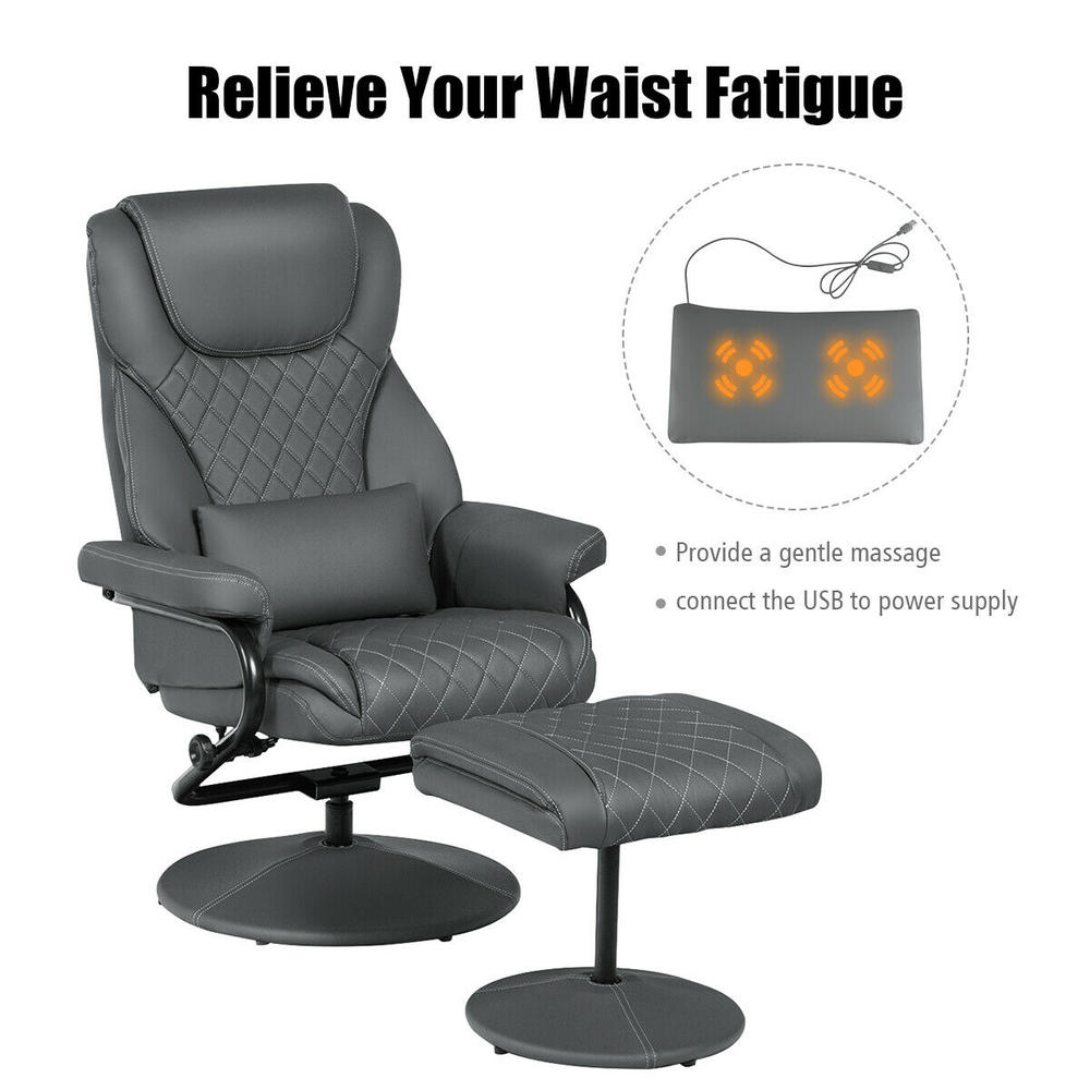 Gymax Massage Recliner Chair Leather Armchair Swivel w/Ottoman&Lumbar
