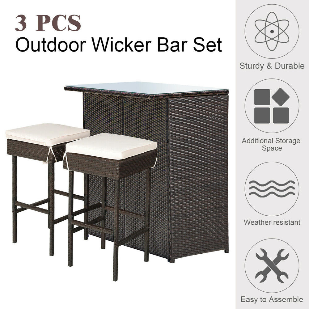 Gymax 3PCS Patio Rattan Wicker Bar Table Stools Home Dining Set Cushioned Chairs Garden Outdoor